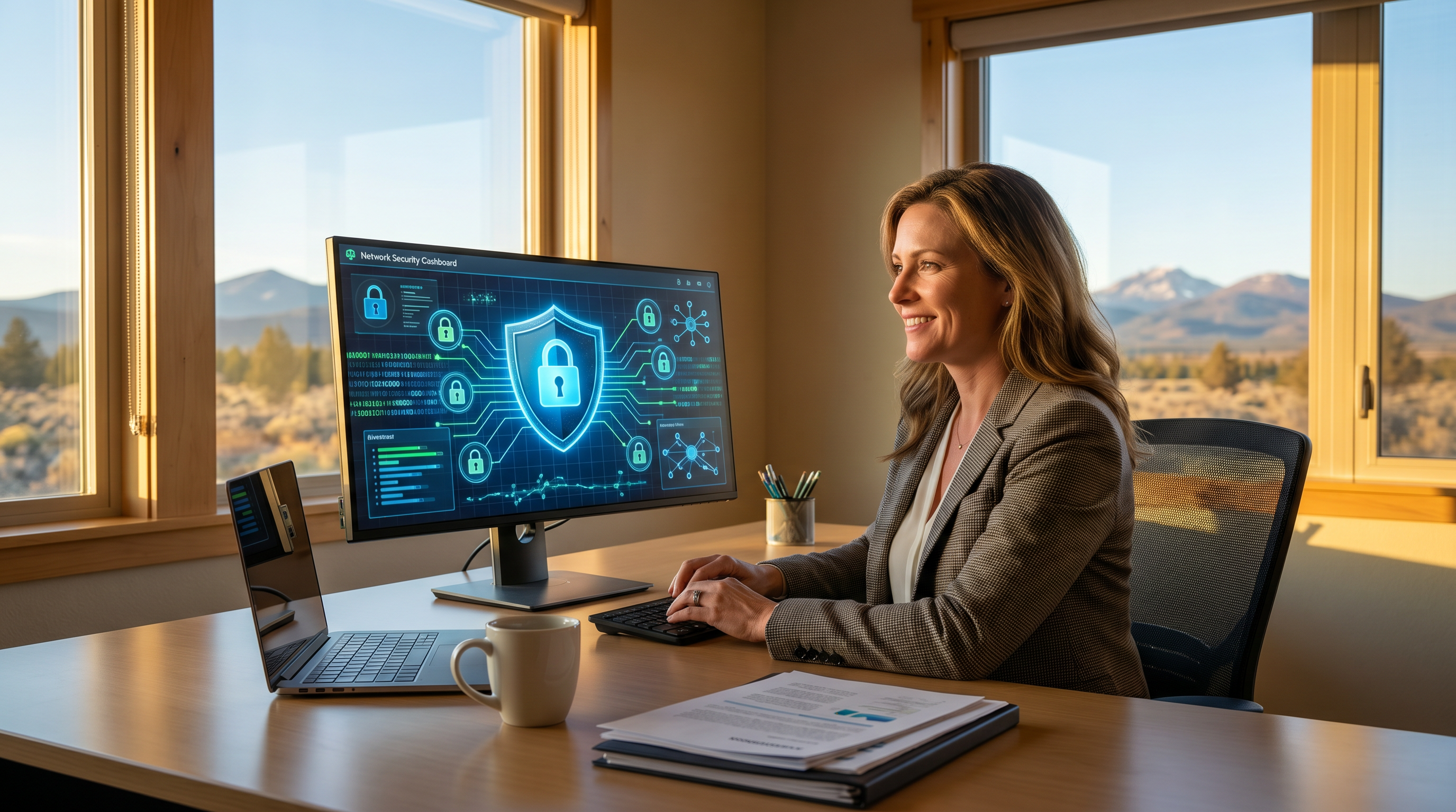 Central Oregon business owner at her desk reviewing cybersecurity dashboard with Ochoco Mountains visible through the window