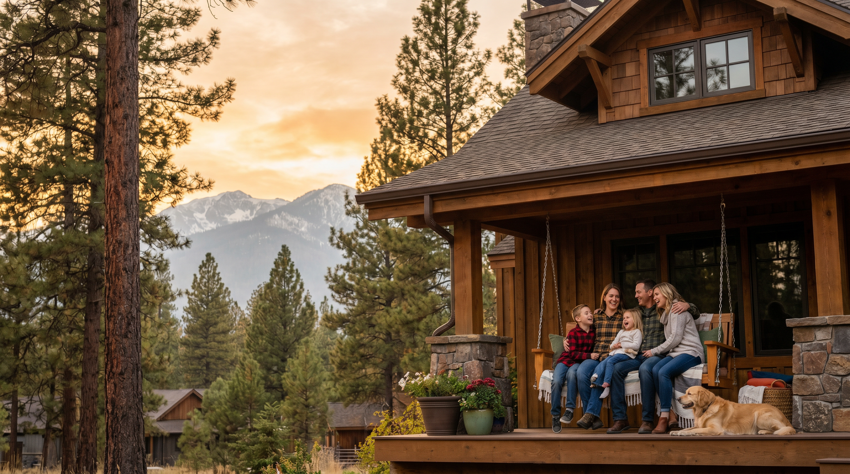 Oregon family on craftsman porch at golden hour — life insurance protection for Central Oregon families